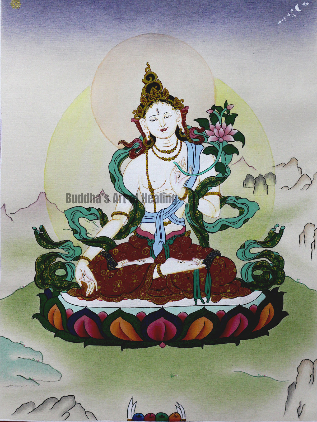 Seven-eyed White Tara thangka seated on a colorful lotus throne in a Himalayan landscape
