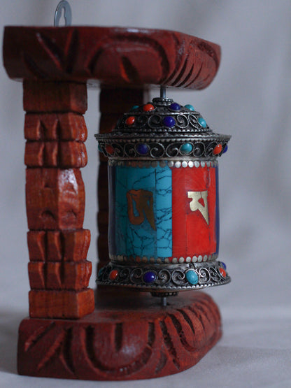 Small-Sized Tibetan Prayer Wheel in Carved Wooden Display Frame