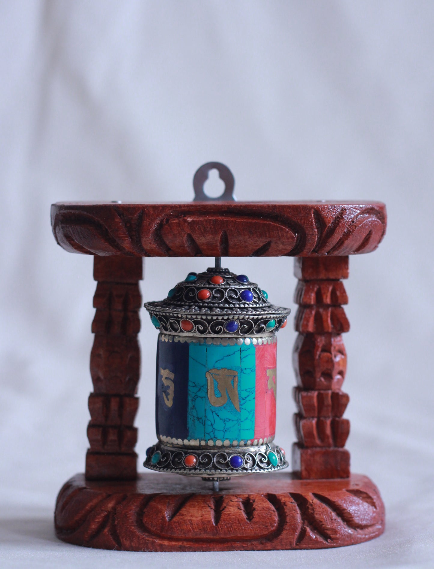 Small-Sized Tibetan Prayer Wheel in Carved Wooden Display Frame
