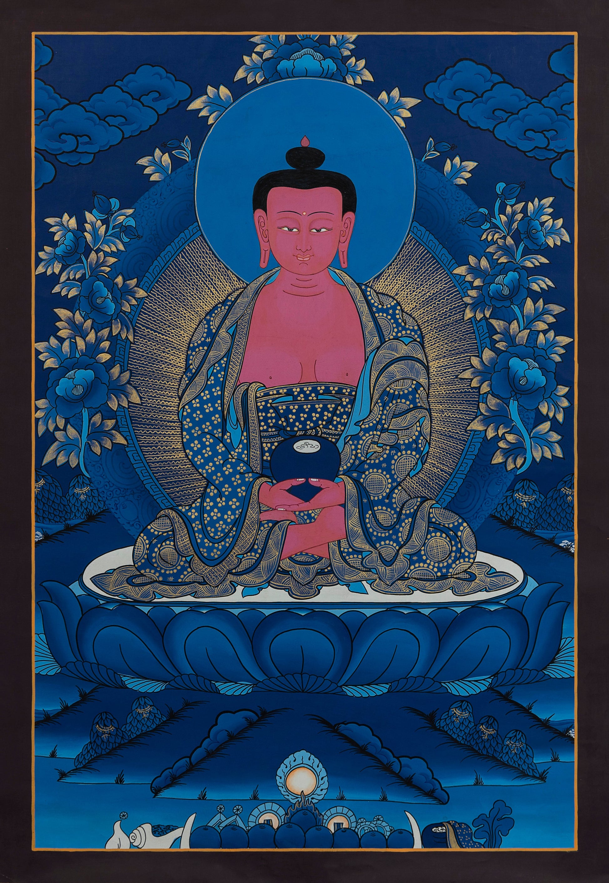 Decorative panel with Amitabha Buddha in a blue and gold robe against a blue background