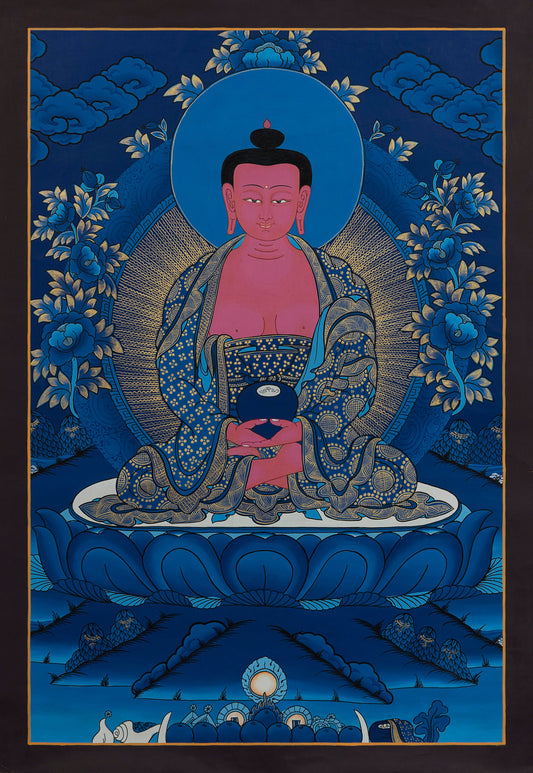 Decorative panel with Amitabha Buddha in a blue and gold robe against a blue background