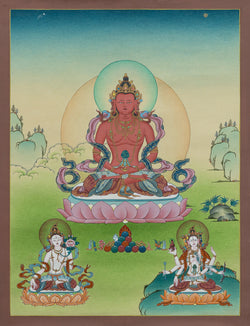 Amitayus Buddha Thangka with White Tara and Namgyalma - (15" * 20")