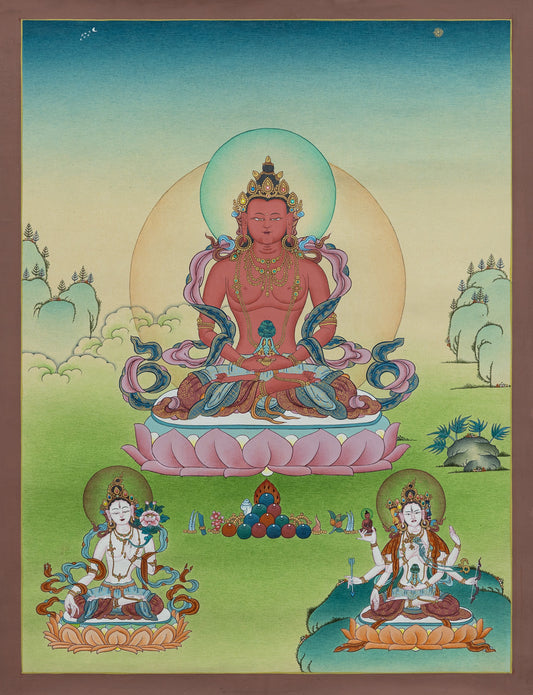 Hand Painted Amitayus Buddha Thangka Surrounded by Bodhisattvas