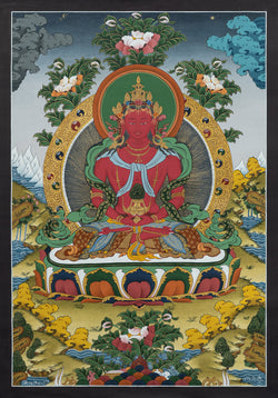 Hand-Painted Amitayus Buddha Thangka for Longevity and Spiritual Harmony - (16" * 24")