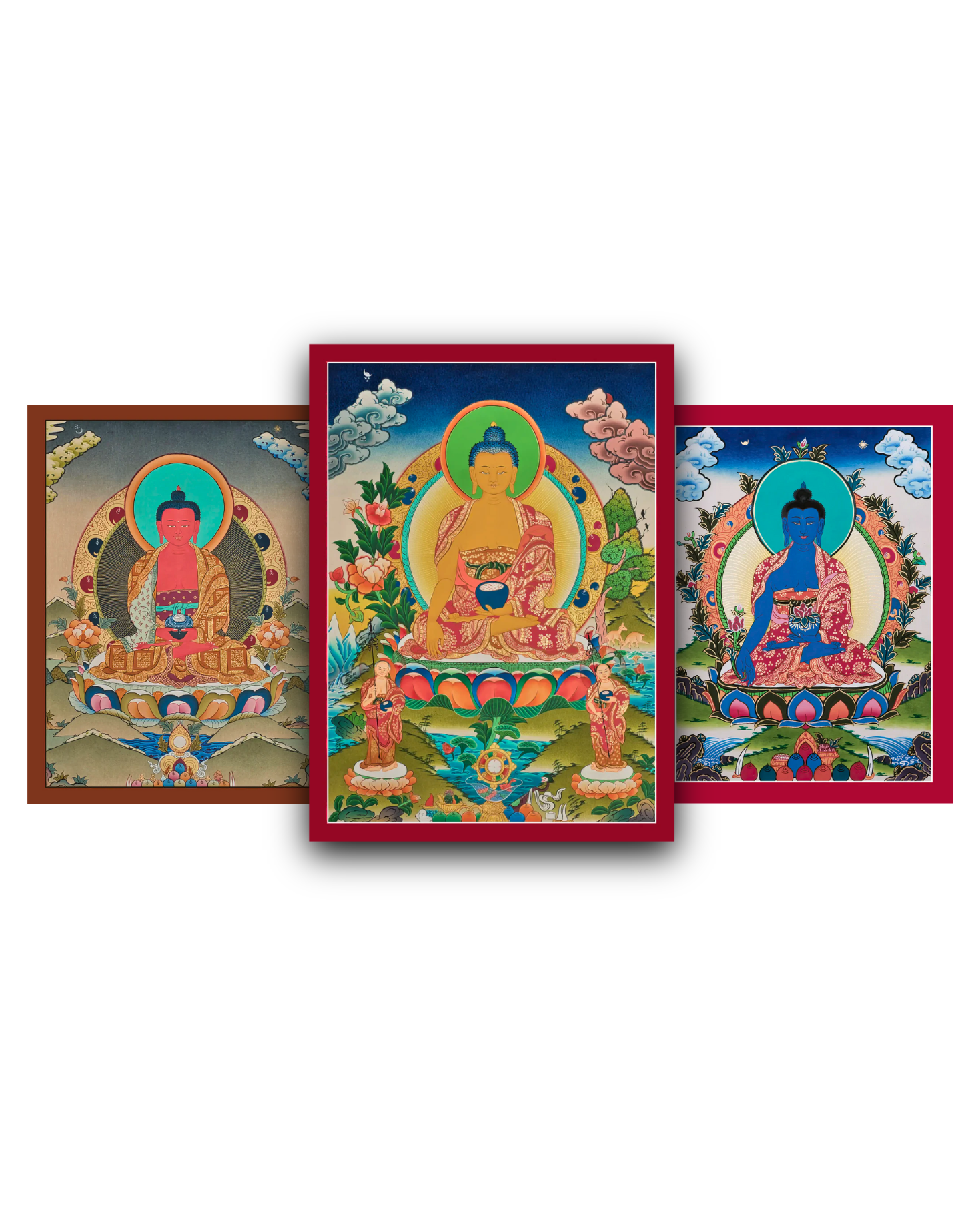 Buddha Thangka Collection With Shakyamuni Buddha, Medicine Buddha, and Amitabha Buddha