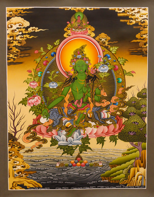Green Tara (above Amitabha) Thangka - (18" * 23.5")