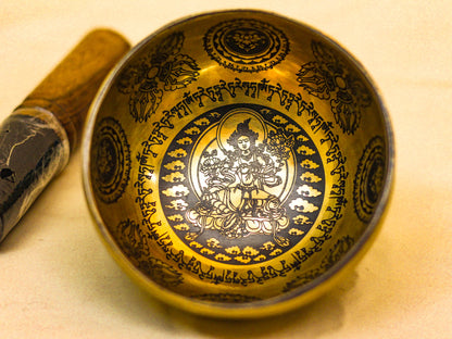 Green Tara Engraved Tibetan Singing Bowl (Very Small)