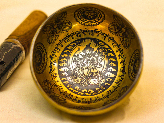 Green Tara Engraved Tibetan Singing Bowl (Very Small)