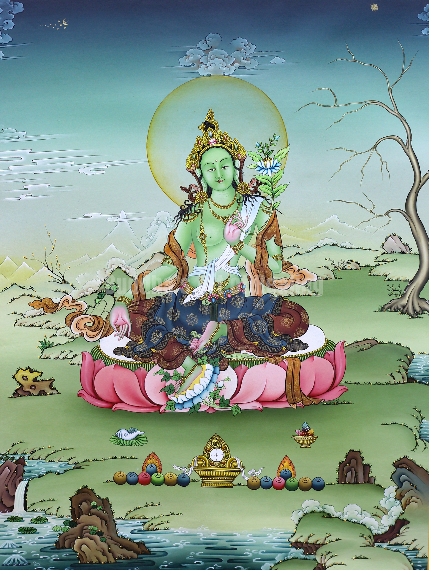 Green Tara Thangka With Pond in Front