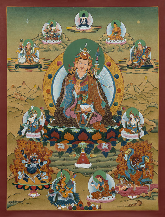 Hand Painted Guru Rinpoche Thangka Painting Accompanied by Other Deities