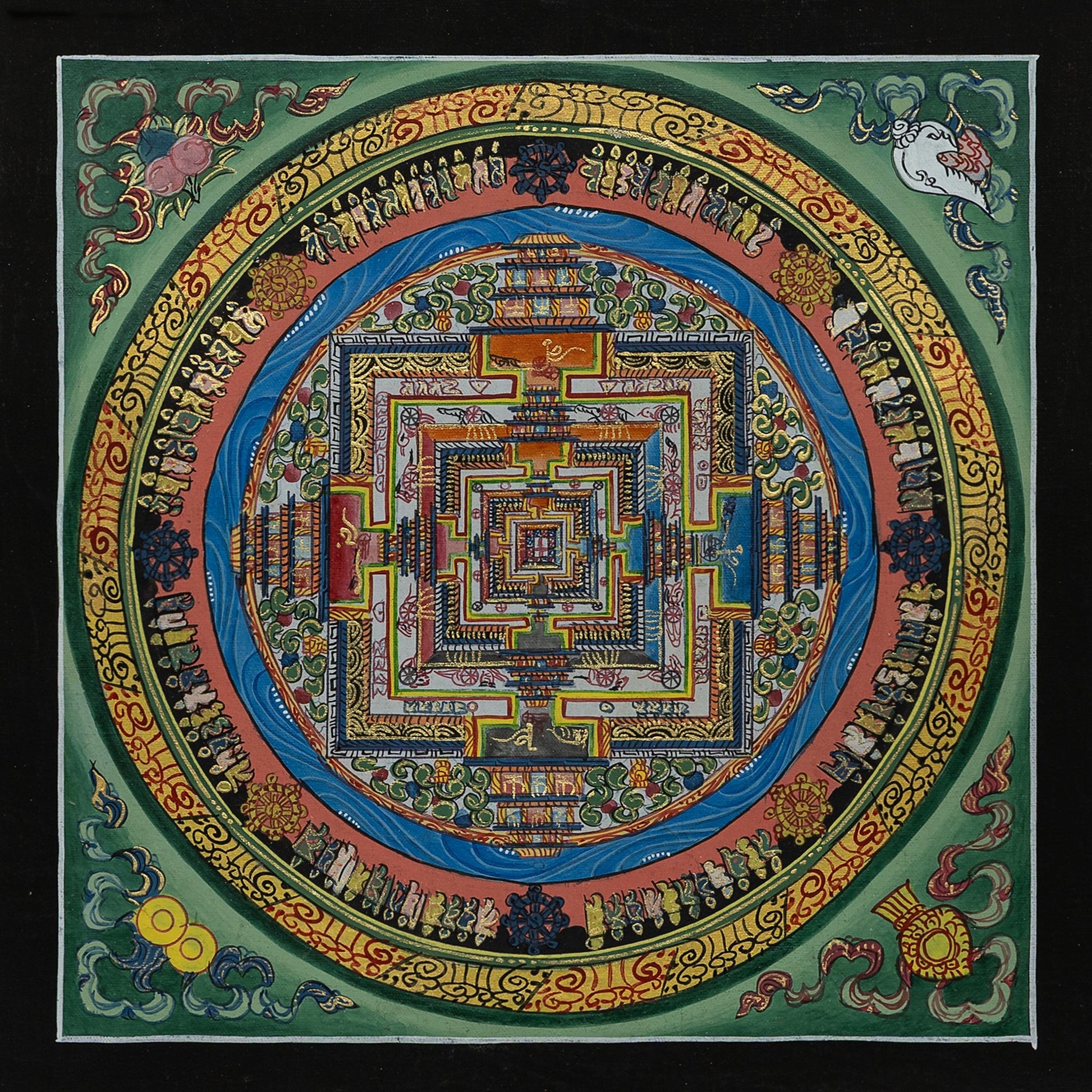 Kalachakra Mandala Thangka Painting in Green with Borders