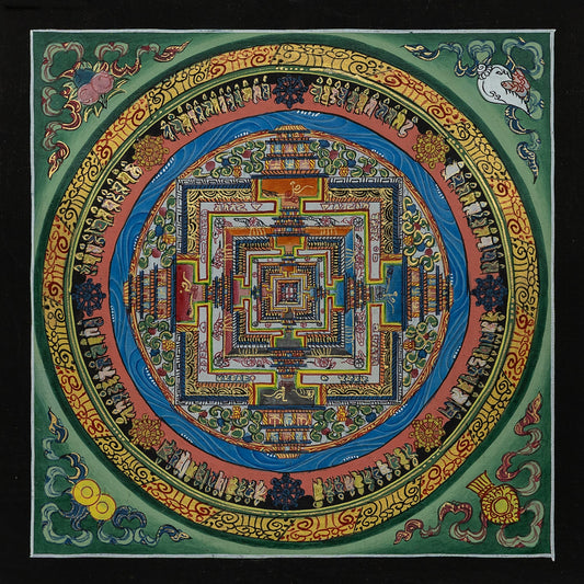 Kalachakra Mandala Thangka Painting in Green with Borders