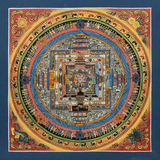Kalachakra Mandala Thangka Painting in Golden Brown with Borders