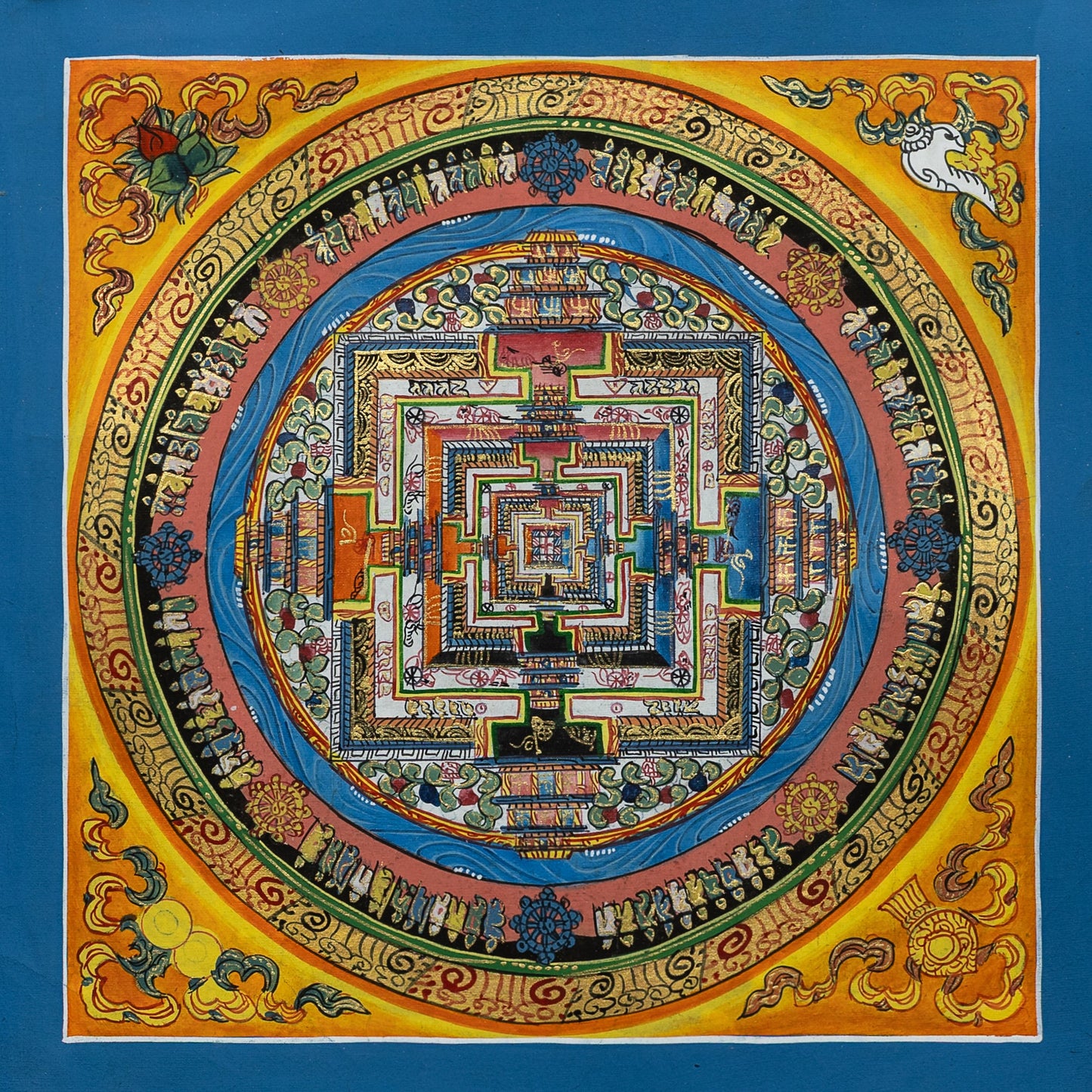 Kalachakra Mandala Thangka Painting in Golden Brown with Borders