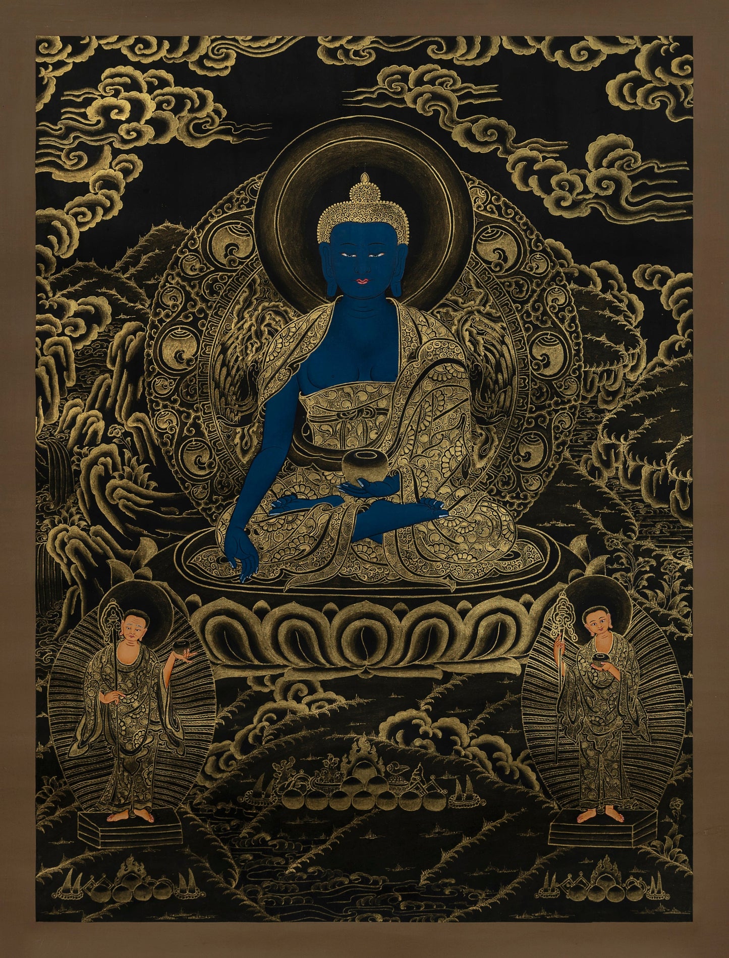 Decorative panel with Amitabha Buddha figure in a meditative pose, surrounded by intricate patterns and two smaller figures on either side.