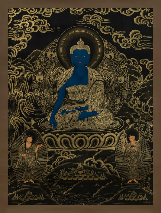 Decorative panel with Amitabha Buddha figure in a meditative pose, surrounded by intricate patterns and two smaller figures on either side.
