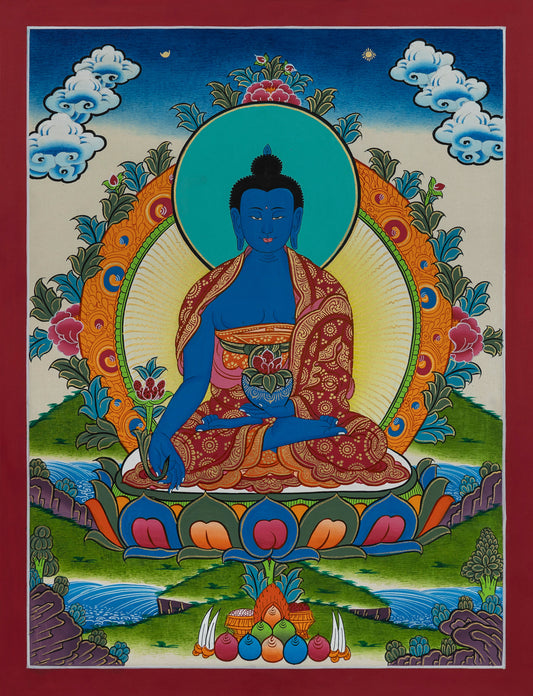 Colorful depiction of Medicine Buddha/Bhaisajyaguru with a blue aura, surrounded by floral elements and clouds.