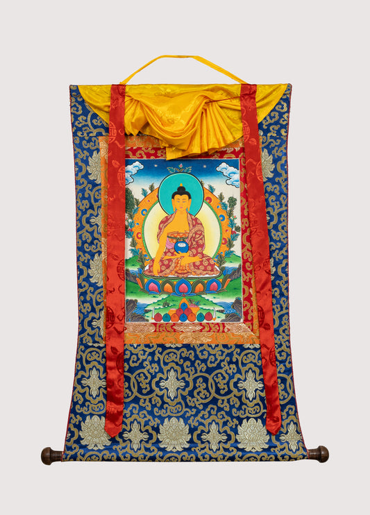 Hand Painted Shakyamuni Buddha Thangka on Brocade