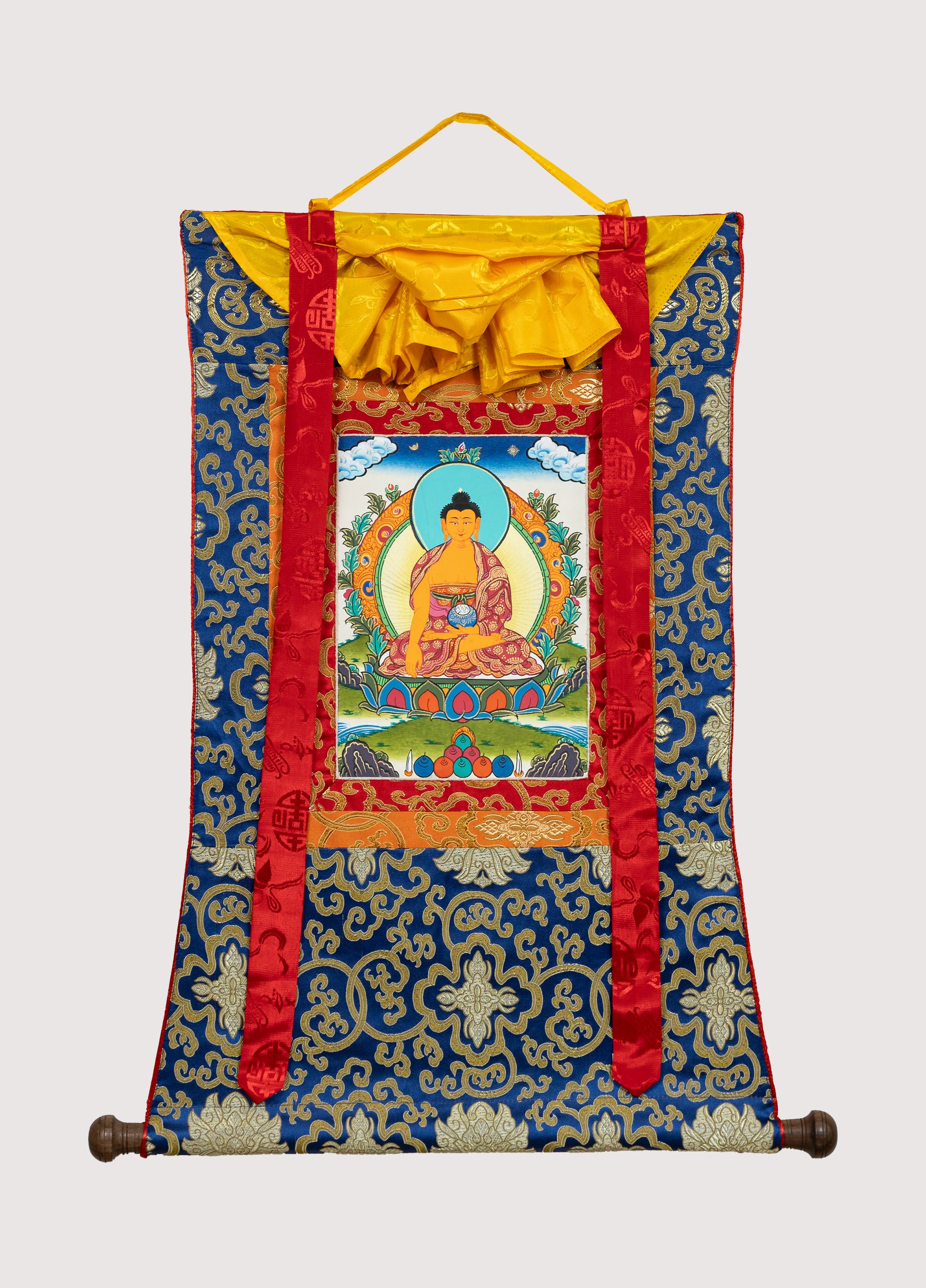 Hand Painted Shakyamuni Buddha Thangka on Brocade