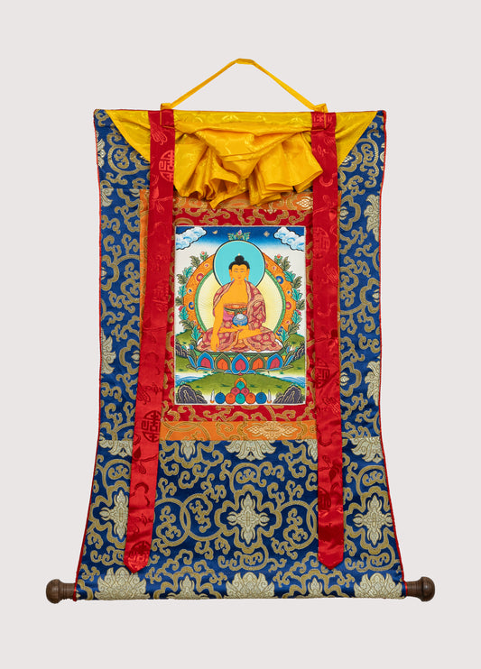 Hand Painted Shakyamuni Buddha Thangka on Brocade